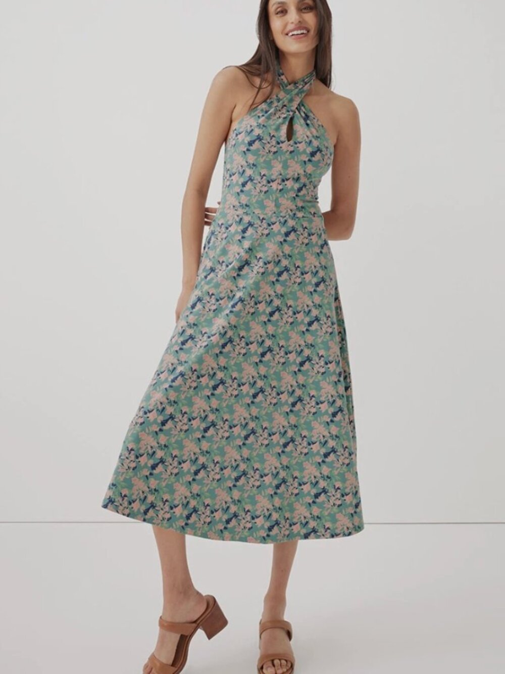 Pact Organic Fit & Flare Modern Halter Dress  Shadow Floral Spruce Large